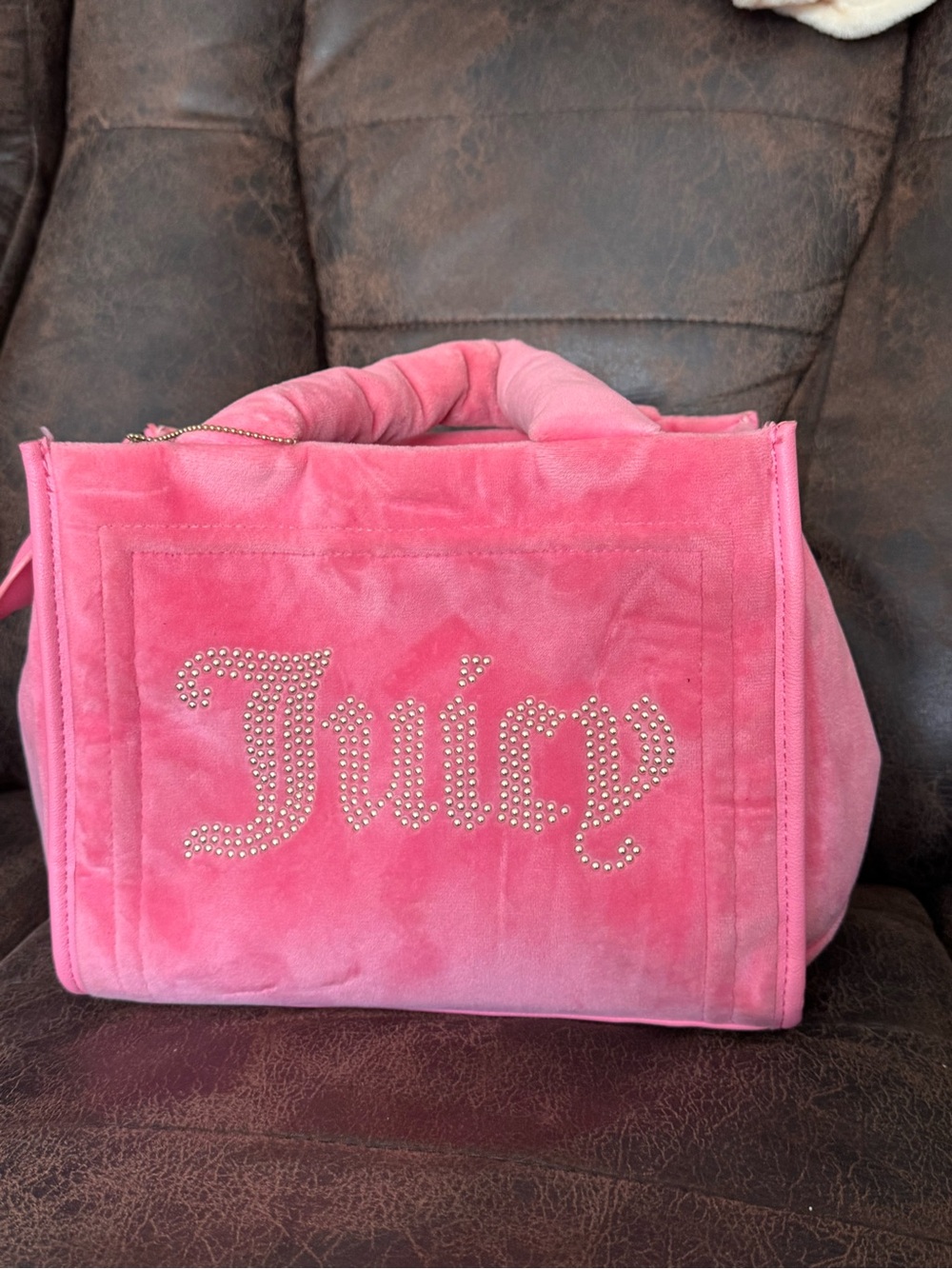 Juicy Couture Pink Velour Tote with Crystal 'Juicy' Logo